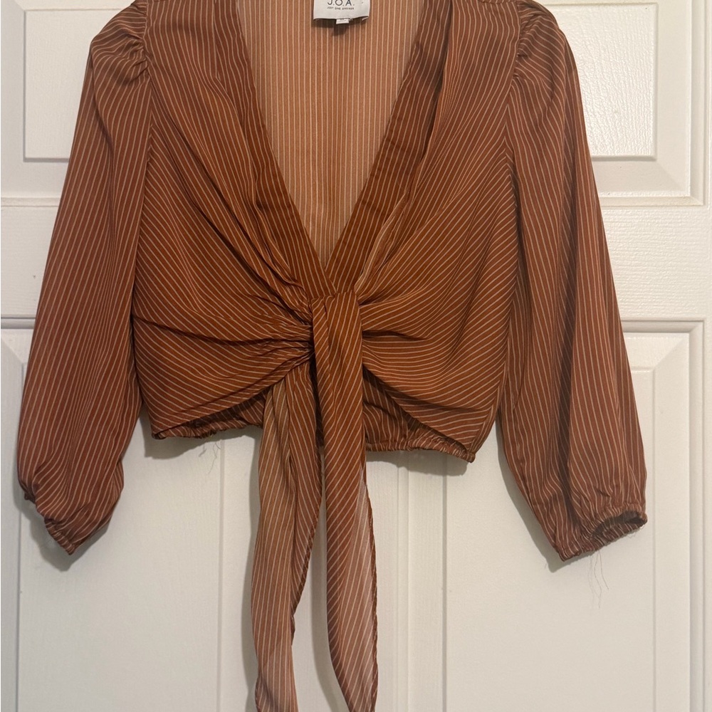 J.O.A. Brown Pinstripe Tie-Front Blouse